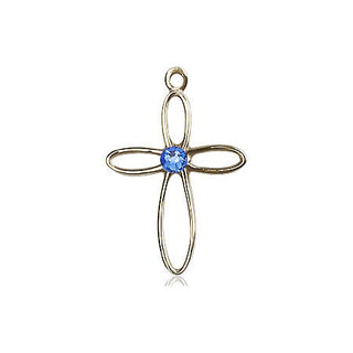 14kt Gold Loop Cross Medal with a 3mm Sapphire Swarovski stone