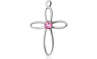 Sterling Silver Loop Cross Pendant with a 3mm Rose Swarovski stone on an 18-inch Sterling Silver Light Curb Chain
