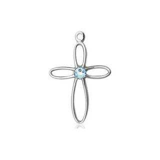 Sterling Silver Loop Cross Pendant with a 3mm Aqua Swarovski stone on an 18-inch Sterling Silver Light Curb Chain