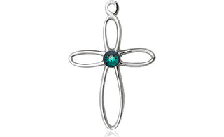 Sterling Silver Loop Cross Pendant with a 3mm Emerald Swarovski stone on an 18-inch Sterling Silver Light Curb Chain