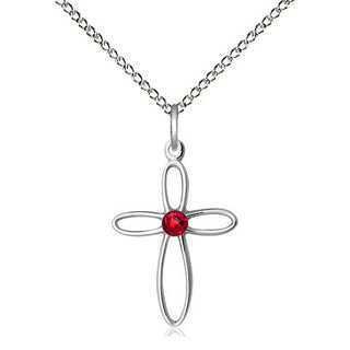 Sterling Silver Loop Cross Pendant with 3mm Ruby Swarovski stone Necklace
