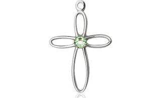 Sterling Silver Loop Cross Pendant with a 3mm Peridot Swarovski stone on an 18-inch Sterling Silver Light Curb Chain