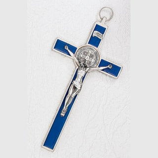 8 inch Blue Enamel Saint Benedict Cross Boxed