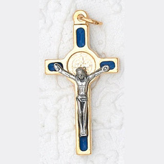 12-Pack - 1 Inch St Benedict Cross- Blue (Small) Gold Trim, Gold Corpus