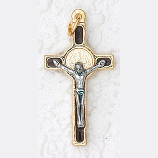 12-Pack - 1 Inch St Benedict Cross- Brown (Small) Gold Trim & Gold Corpus