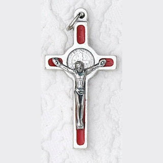 12-Pack - 1 Inch St Benedict Cross- Red (Small) Silver Trim & Silver Corpus
