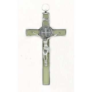 8 inch Luminous Silver St Benedict Hanging Crucifix Boxed