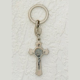6-Pack - 2" St Benedict Key Ring Cross - SILVER / SILVER