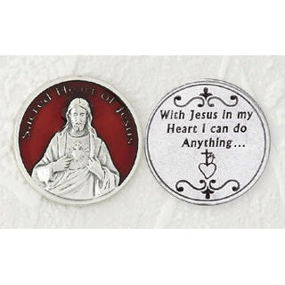 12-Pack - Red Enameled Sacred Heart of Jesus Token with Prayer