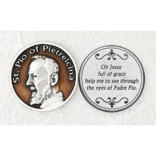 12-Pack - Brown Enameled Padre Pio Token with Prayer Silver Plated