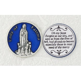 25-Pack - Blue Enameled Lady of Fatima Token with Prayer Silver Plated