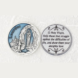 12-Pack - Light Blue Enameled Lady of Lourdes Token with Prayer Silver Plated