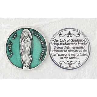 12-Pack - Green Enameled Lady of Guadalupe Token with Prayer Silver Plated