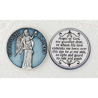 12-Pack - Light Blue Enameled Guardian Angel Token with Prayer Silver Plated