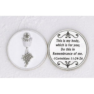 12-Pack - Enameled Chalice White Token with Prayer Silver Plated