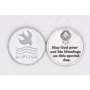 12-Pack - Enameled Baptism- WHITE Token with Prayer Silver Plated
