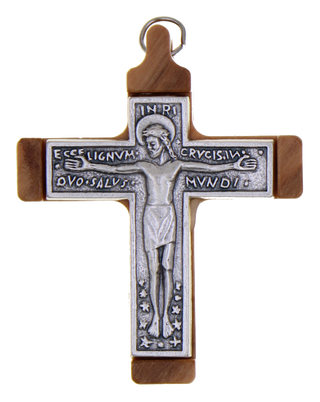 3-pack - Light Olive Wood Cross with Silver-tone corpus and design, app 2 inches