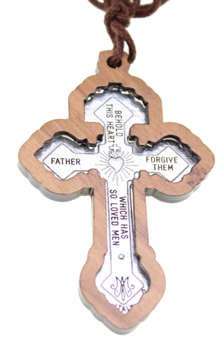 Pardon Crucifix Light Olive Wood with Engraved Silver-Tone App 2 1/4 Inches
