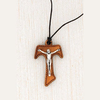 12-Pack - 1-1/2 inch Wood Tau Crucifix with Card - Corded