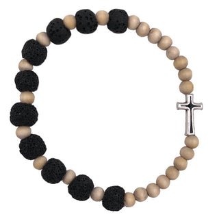 4-pack - Light Wood Tone Stretch Bracelet with Black "Volcanic Looking" Beads with Enameled Cross
