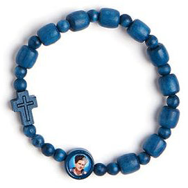 4-pack - Carlo Acutis Blue Wood Drum Bead Stretch Bracelet