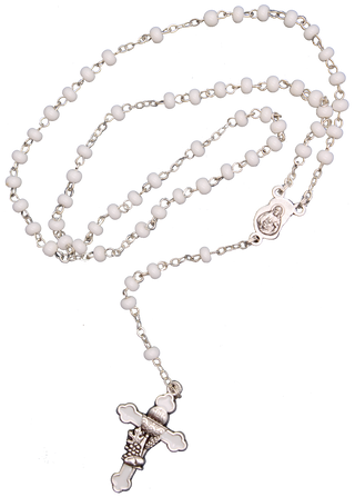 White Glass Communion Rosary with metal parts, 4mm, Com. box