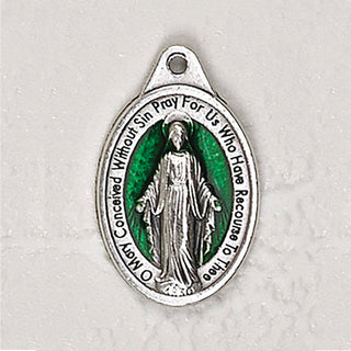Bulk Silver tone Miraculous Medals - Double Sided with Green Enamel