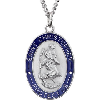 Sterling Silver 26x20 mm Blue Enamel Saint Christopher Medal 24" Necklace