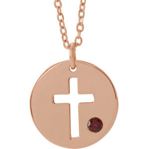 14K Rose Garnet Pierced Cross Disc 16-18" Necklace