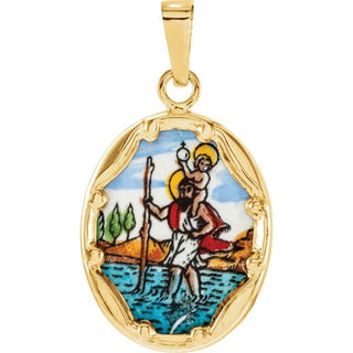14K Yellow 17x13.5 mm Saint Christopher Hand-Painted Porcelain Medal