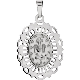 14K White 22x16 mm Oval Filigree Miraculous Medal