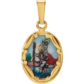 14K Yellow 13x10 mm Saint Christopher Hand-Painted Porcelain Medal