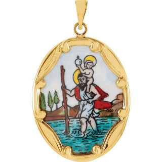 14K Yellow 25x19.5 mm Saint Christopher Hand-Painted Porcelain Medal