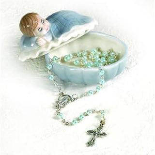Porcelain Baby Keepsake Box with Rosary - Boy - Checkered Blanket