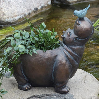13-Inch Hippo With Bird Planter