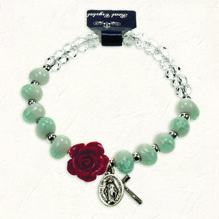 Turquoise and White Stretch Bracelet with Crystals and Red Rose Shaped Resin Bead 4-pack