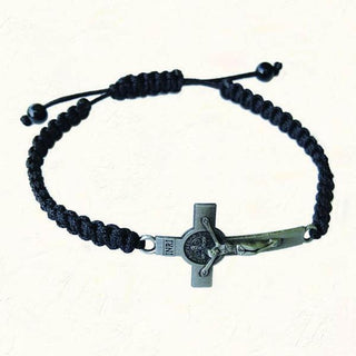 Black Slip knot bracelet with Antique Silver-tone Saint Benedict Cross 4-pack