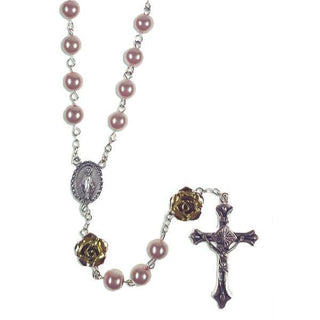 Rose Colored Faux Pearl Rosary with Gold Tone Rose Petal Our Father Beads