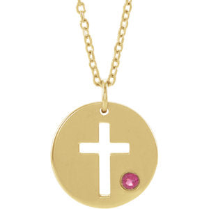 14K Gold Tourmaline Pierced Cross Disc 16-18" Necklace