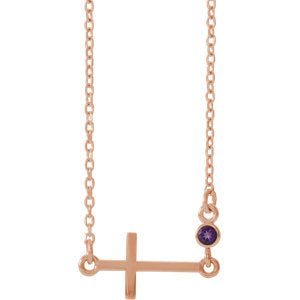 14K Rose Amethyst Sideways Accented Cross 16-18" Necklace