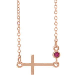 14K Rose Ruby Sideways Accented Cross 16-18" Necklace