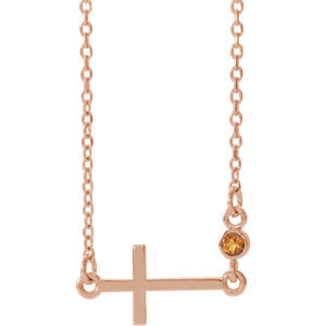14K Rose Citrine Sideways Accented Cross 16-18" Necklace