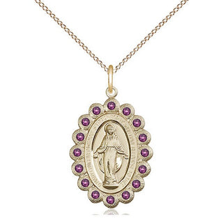 14kt Gold Miraculous Medal with Amethyst Swarovski stones