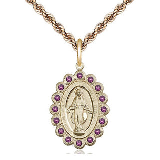 14kt Gold Miraculous Medal with Amethyst Swarovski stones