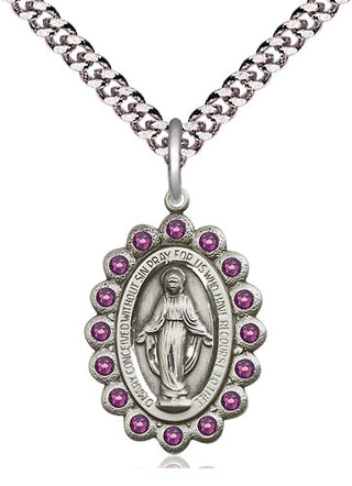 Pewter Miraculous Medal with Amethyst Swarovski stones Religious Jewelry