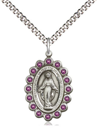Pewter Miraculous Medal with Amethyst Swarovski stones Religious Jewelry