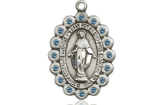 Pewter Miraculous Medal with Aqua Swarovski stones