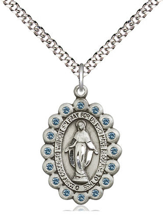 Pewter Miraculous Medal with Aqua Swarovski stones Religious Jewelry