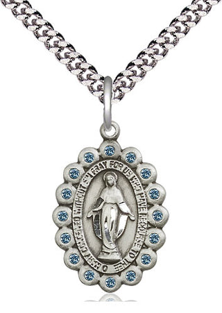 Pewter Miraculous Medal with Aqua Swarovski stones Religious Jewelry