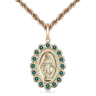 14kt Gold Miraculous Medal with Emerald Swarovski stones